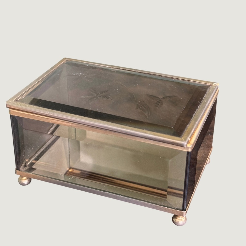 Vintage Smoked Glass Jewelry Trinket Box Etched Floral Brass Beveled Mirror Base